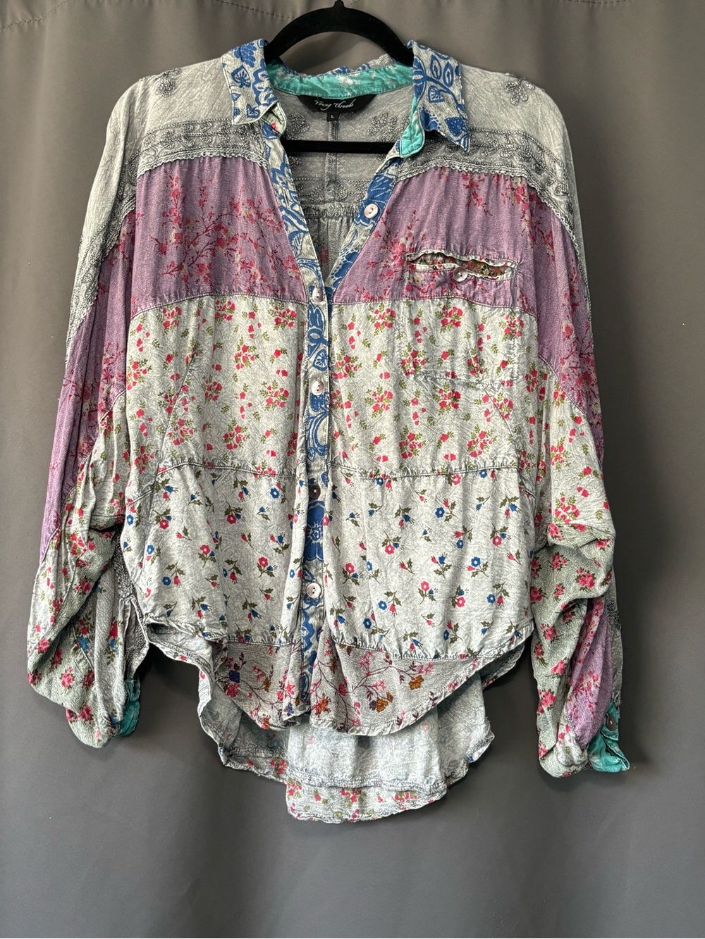 Young Threads Bohemian Patchwork Floral Button Up Top